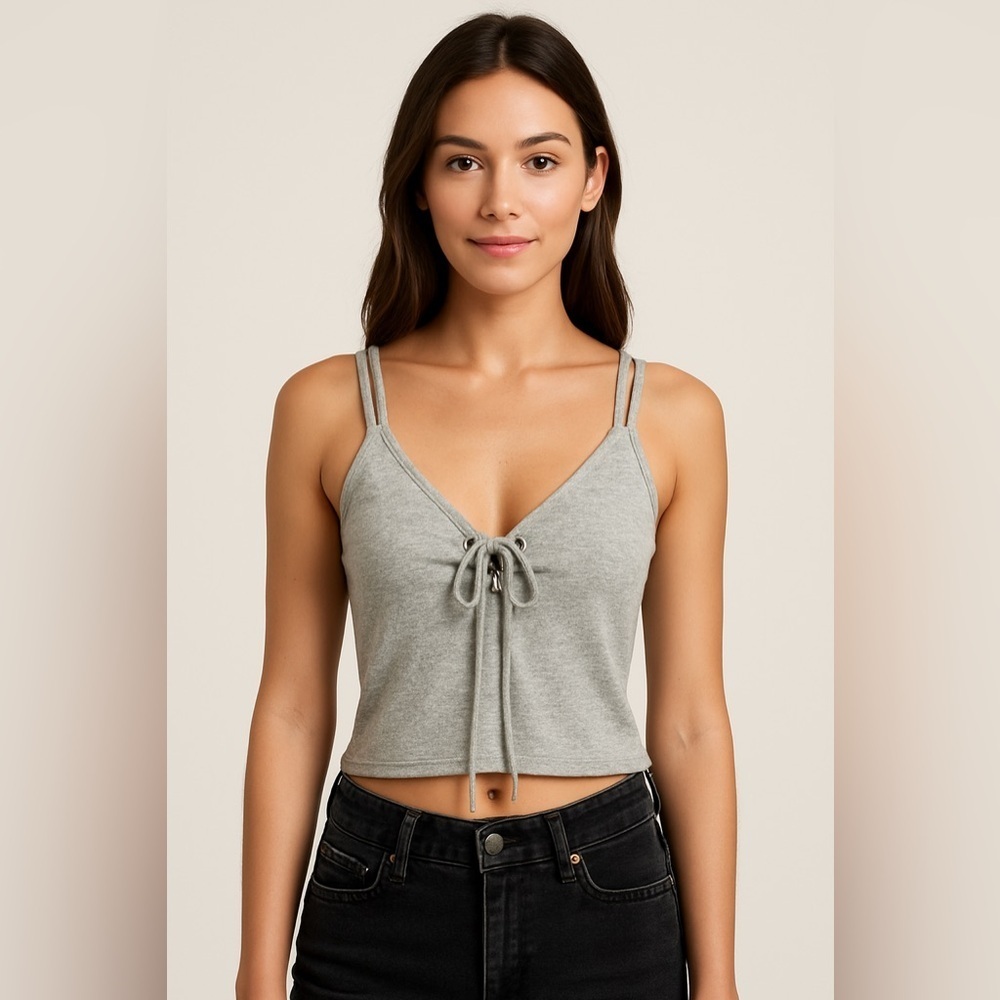 ESSUE Grey Terry Knit Lace Up Crop Top Women’s Small | Boho Beachy Y2K Peasent